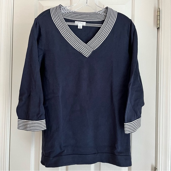 croft & barrow Tops - Croft & Barrow Navy Pullover Sweatshirt White Stripe Band Trim Cotton Size L